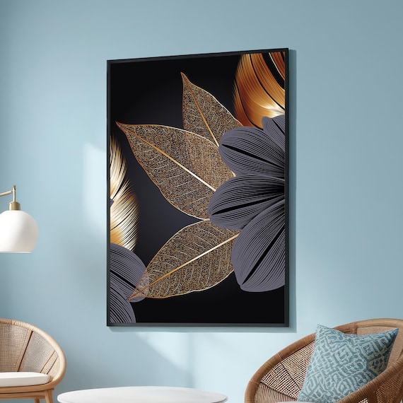 Abstract Gold Leaf Botanical Modern Black Minimalist Canvas Print