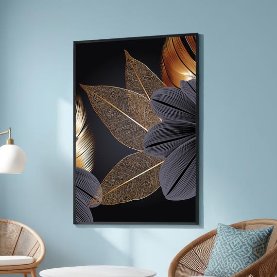 Abstract Gold Leaf Wall Art Modern Minimalist Canvas Print Luxurious Black And Decor Elegant Botanical For Home