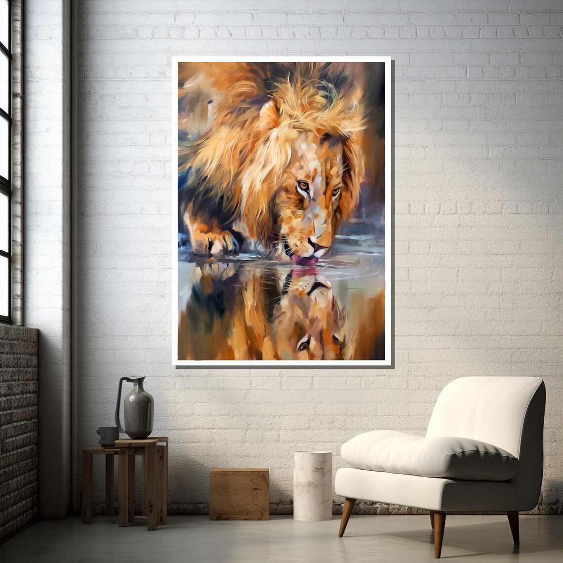 Majestic Lion Drinking Water, Realistic Animal Art Print - Image 3