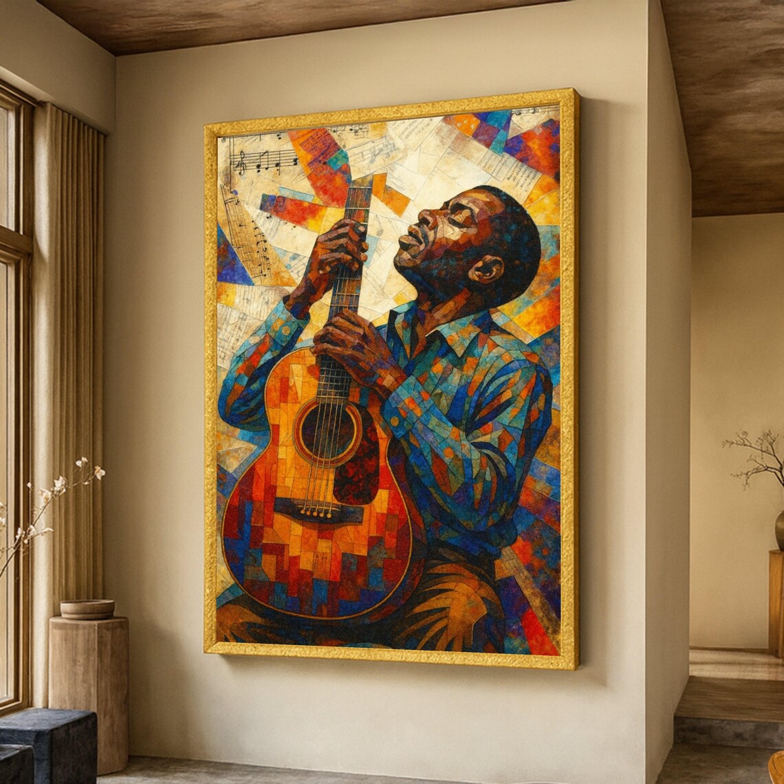 Colorful Mosaic Guitarist Blues Musician Art Painting Poster