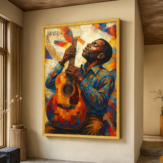 Colorful Mosaic Guitarist Blues Musician Art Painting Poster