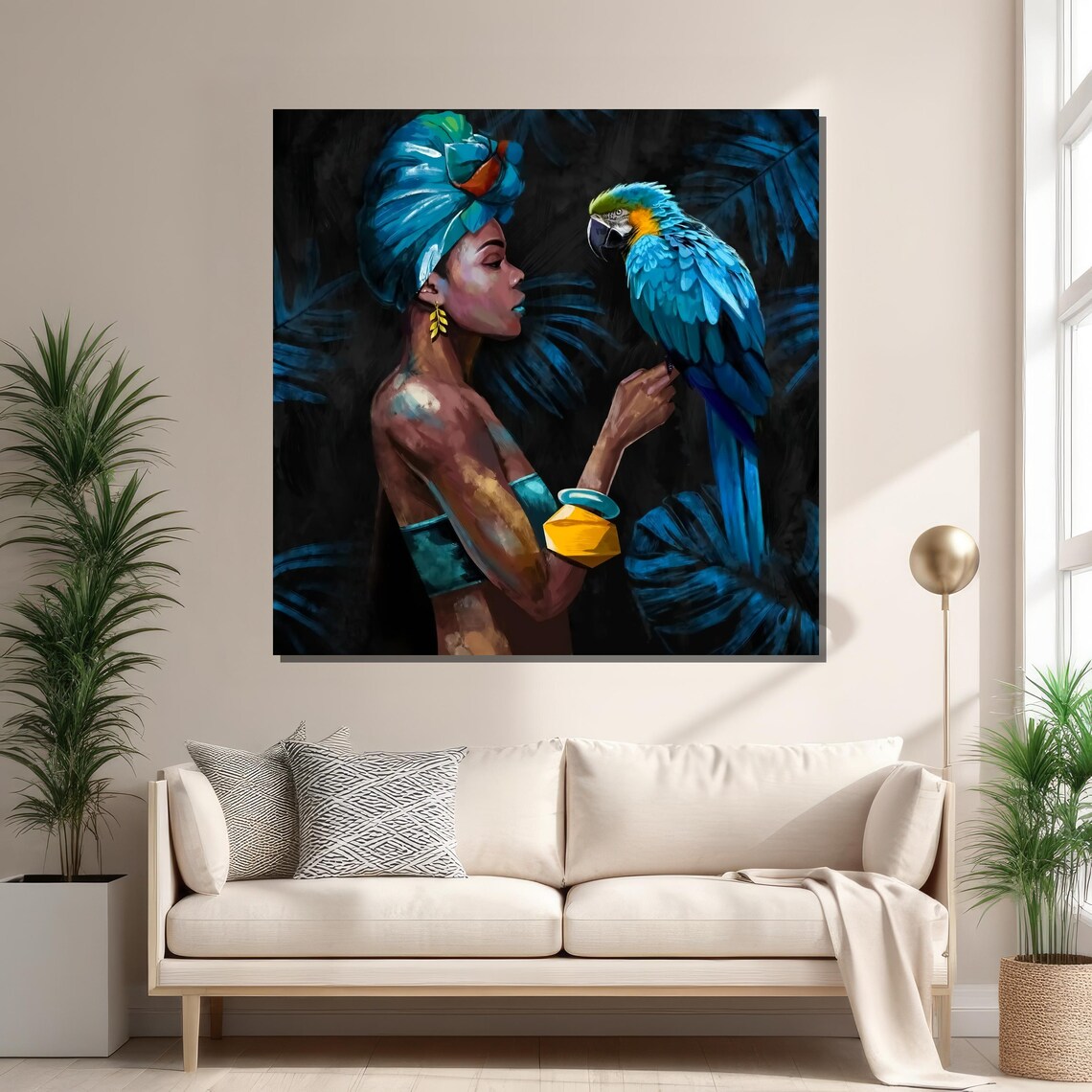 Elegant Woman With Blue Macaw, Tropical Art - Image 2