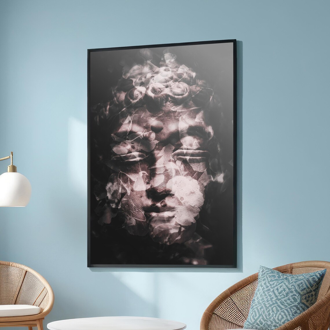 Surreal Double Exposure Classical Statue, Floral Overlay