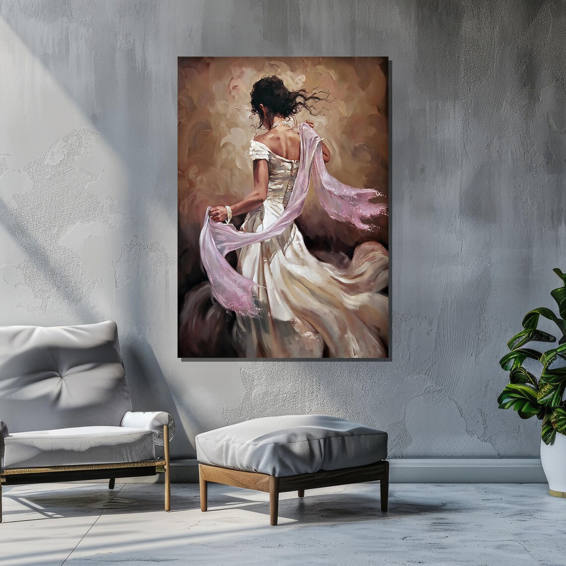 Romantic Woman In Flowing Dress, Impressionist Painting - Image 2