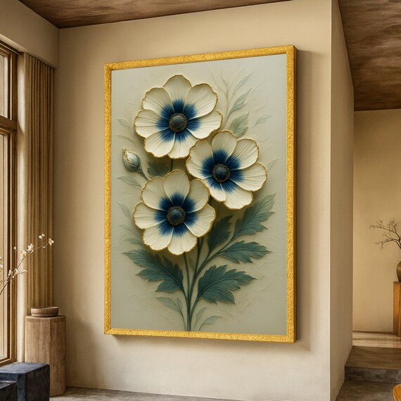 Blue And White Anemone Blossoms Textured 3D Floral Painting Wall Poster