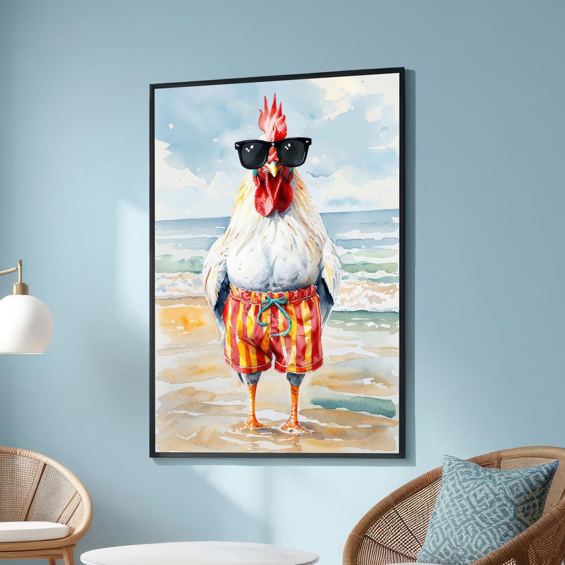 Funny Rooster Beach Poster Sunglasses Swim Trunks Summer Watercolor