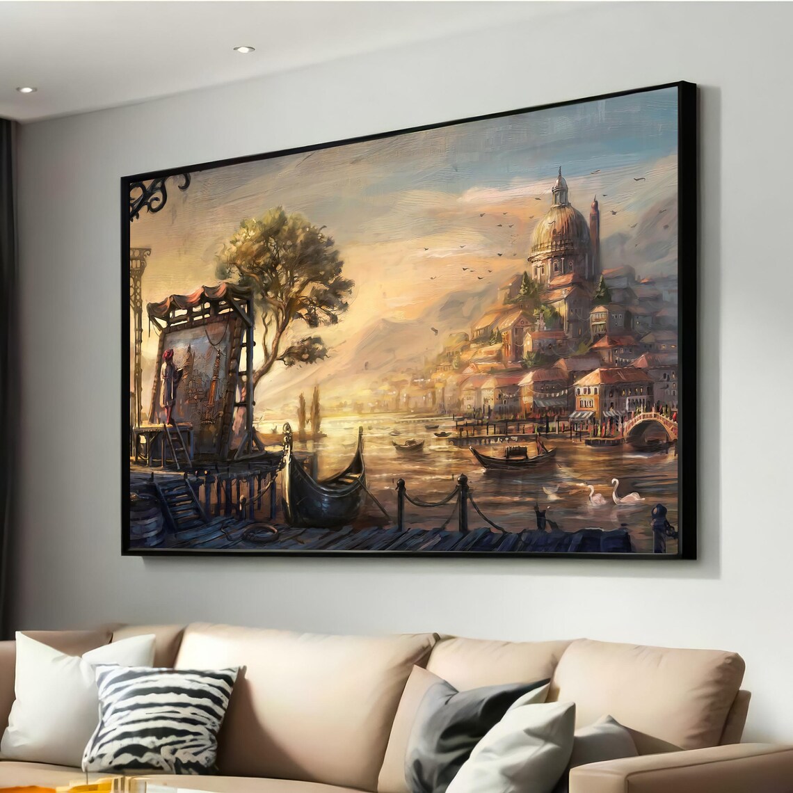 Golden Canal City Sunset Painting Artist Easel Waterfront Canvas Wall Art
