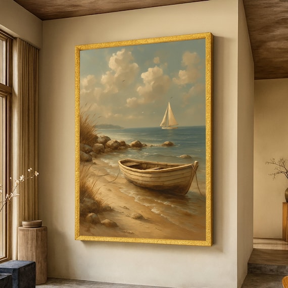 Vintage Wooden Boat on Beach Seaside Sailboat Painting Poster