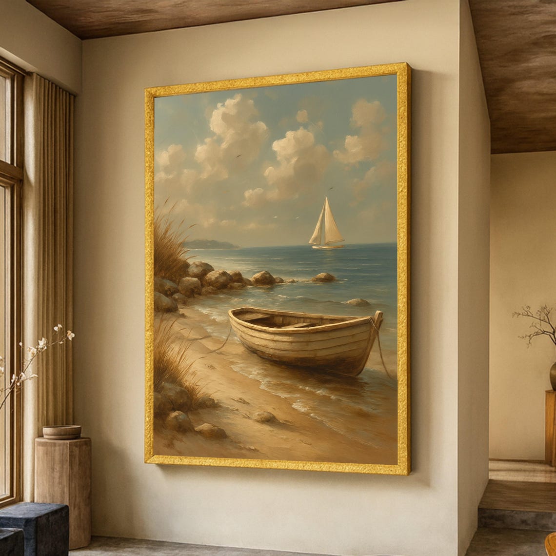Vintage Wooden Boat on Beach Seaside Sailboat Painting Poster