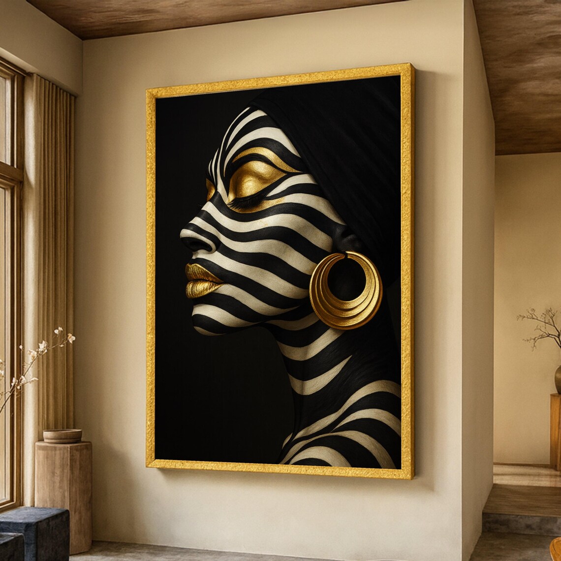 Elegant Zebra Stripes Face Art Print, Modern Ethnic