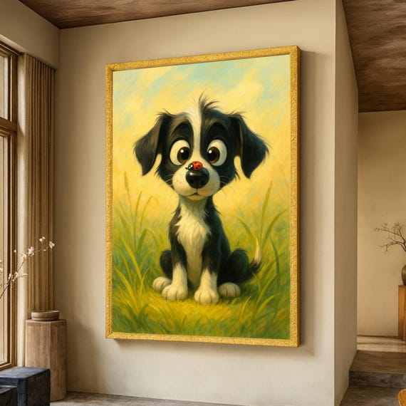 Adorable Puppy With Ladybug On Nose Art Print, Whimsical Nursery