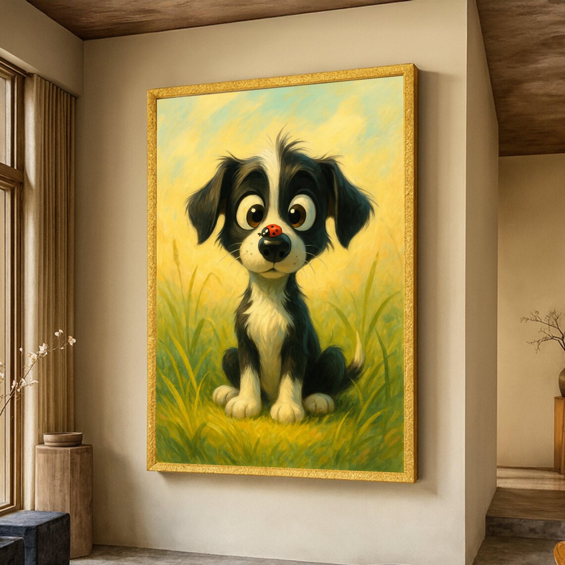 Adorable Puppy With Ladybug On Nose Art Print, Whimsical Nursery
