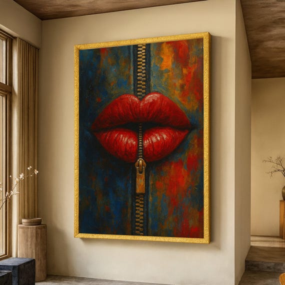 Bold Red Lips Canvas Wall Art Zipper Abstract Painting Modern Pop Print Colorful Home Dcor Unique Expression Hanging