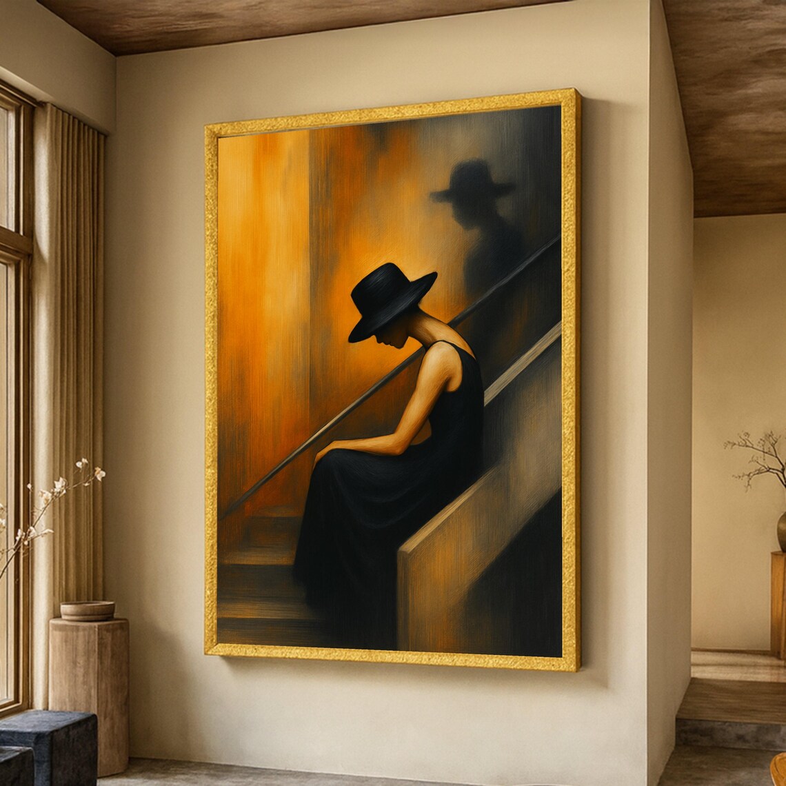 Woman In Black Hat Portrait Poster Moody Elegant Staircase Amber Art