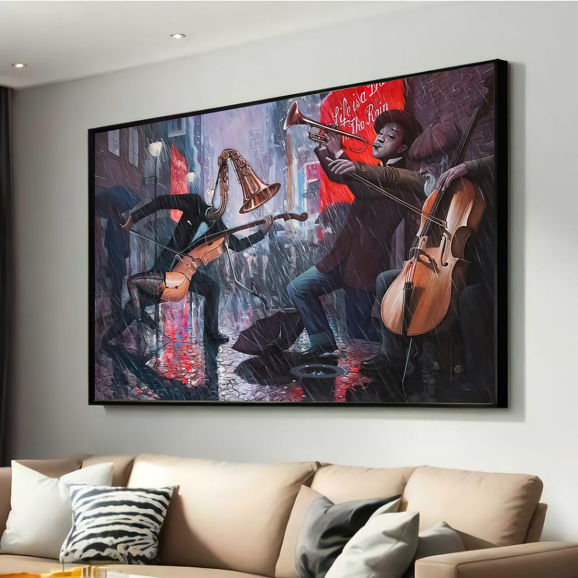 Surreal Jazz Musicians Rain Street Trumpet Saxophone Art Poster