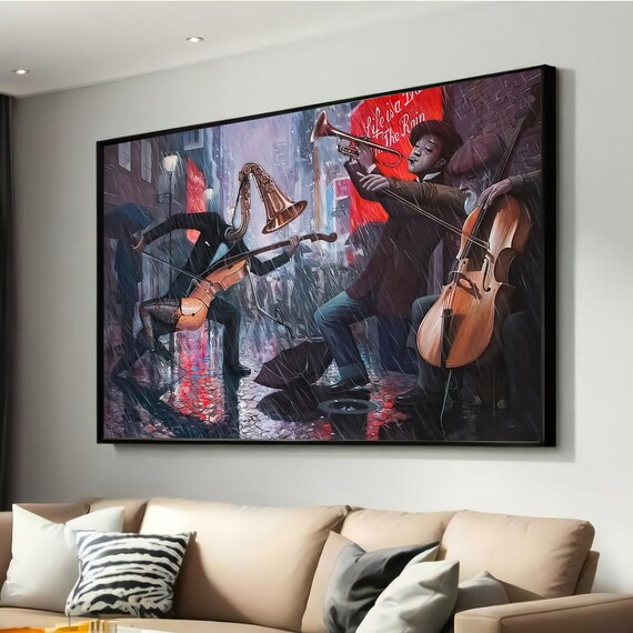 Surreal Jazz Musicians Rain Street Trumpet Saxophone Art Poster