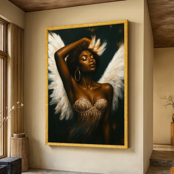 Black Angel Woman Poster White Wings Gold Gown Ethereal Elegant Decor