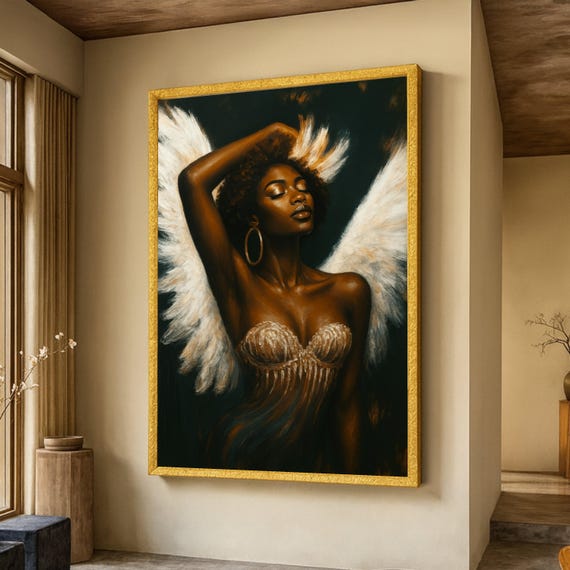 Elegant African Angel Canvas Ethereal Woman With Wings Wall Art Modern Portrait Painting Inspirational Home Decor Ready To Hang