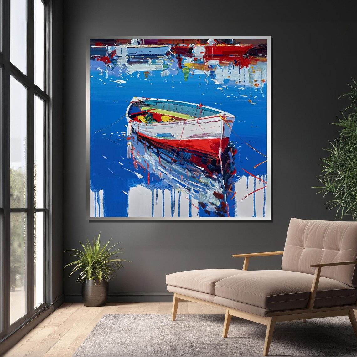 Vibrant Boat on Blue Water, Impressionist Nautical Art - Image 4