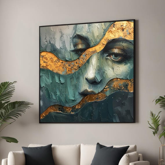 Abstract Womans Face Canvas Print Blue And Gold Artwork Contemporary Textured Art Elegant Wall Decor