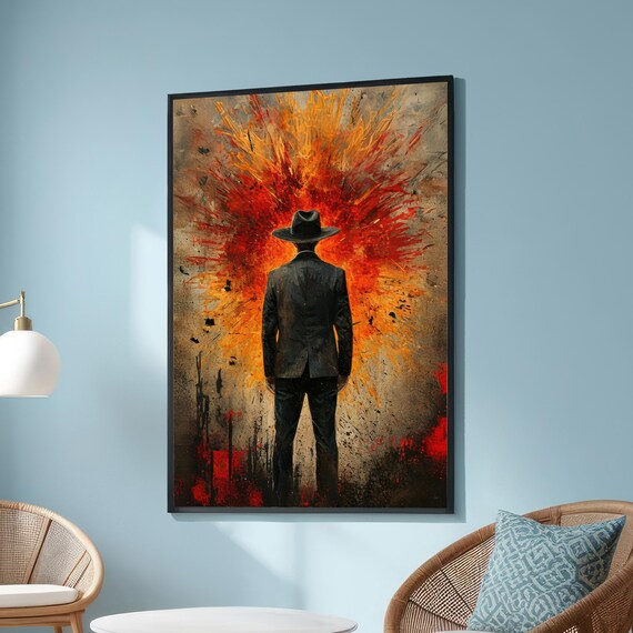Explosion Behind Man Cinematic Surreal Noir Abstract Fire Wall Art