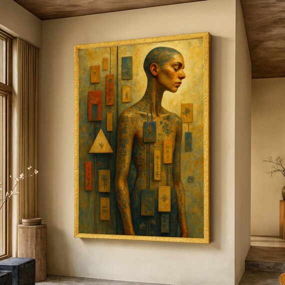 Contemplative Female Figure Gold Klimt Style Symbolic Abstract Wall Art