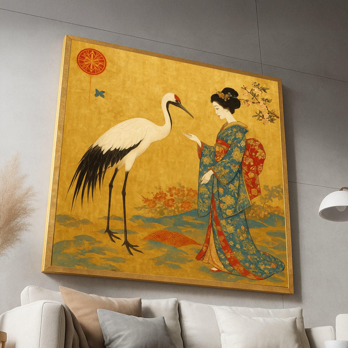 Elegant Japanese Geisha Red Crowned Crane Gold Traditional Art Print