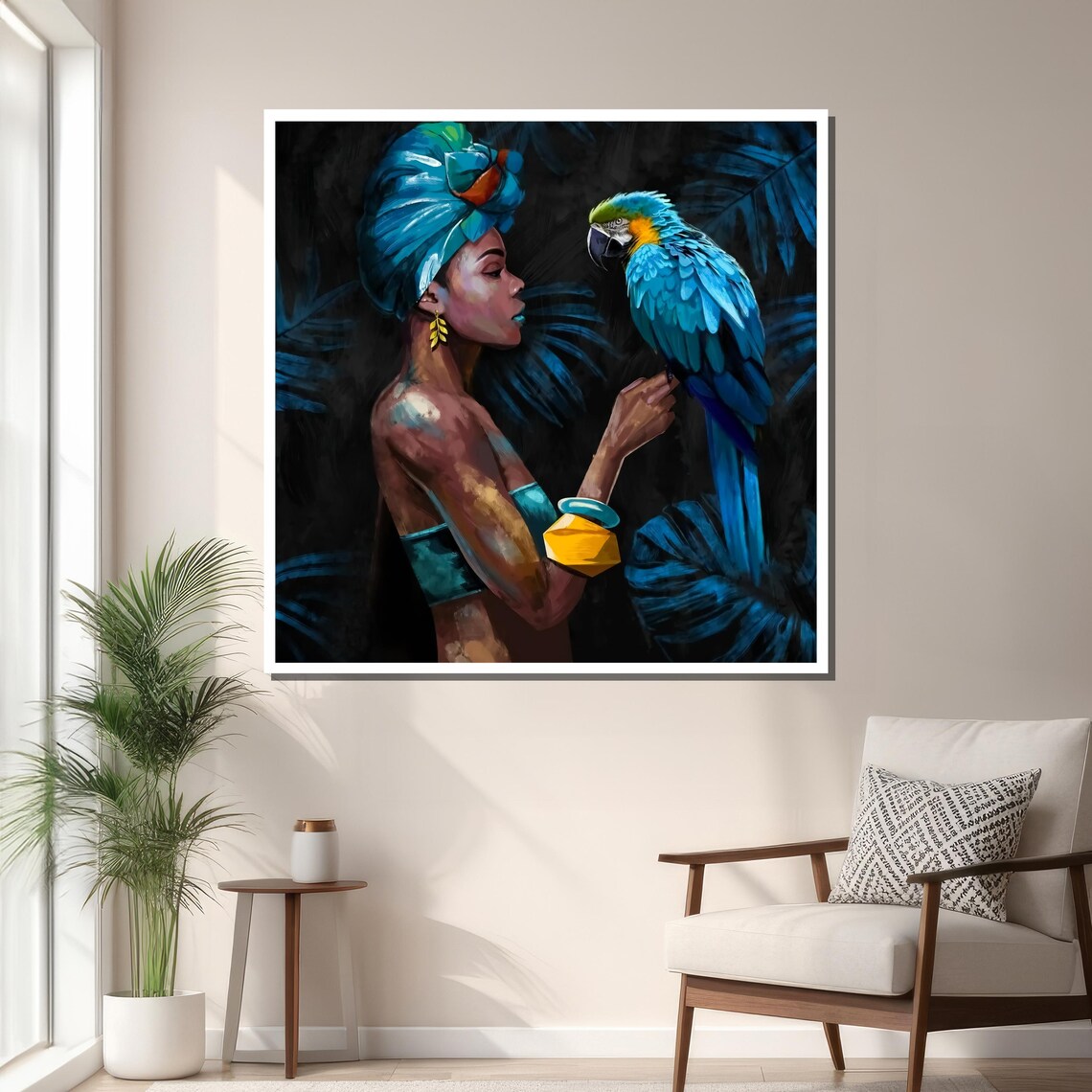 Elegant Woman With Blue Macaw, Tropical Art - Image 3