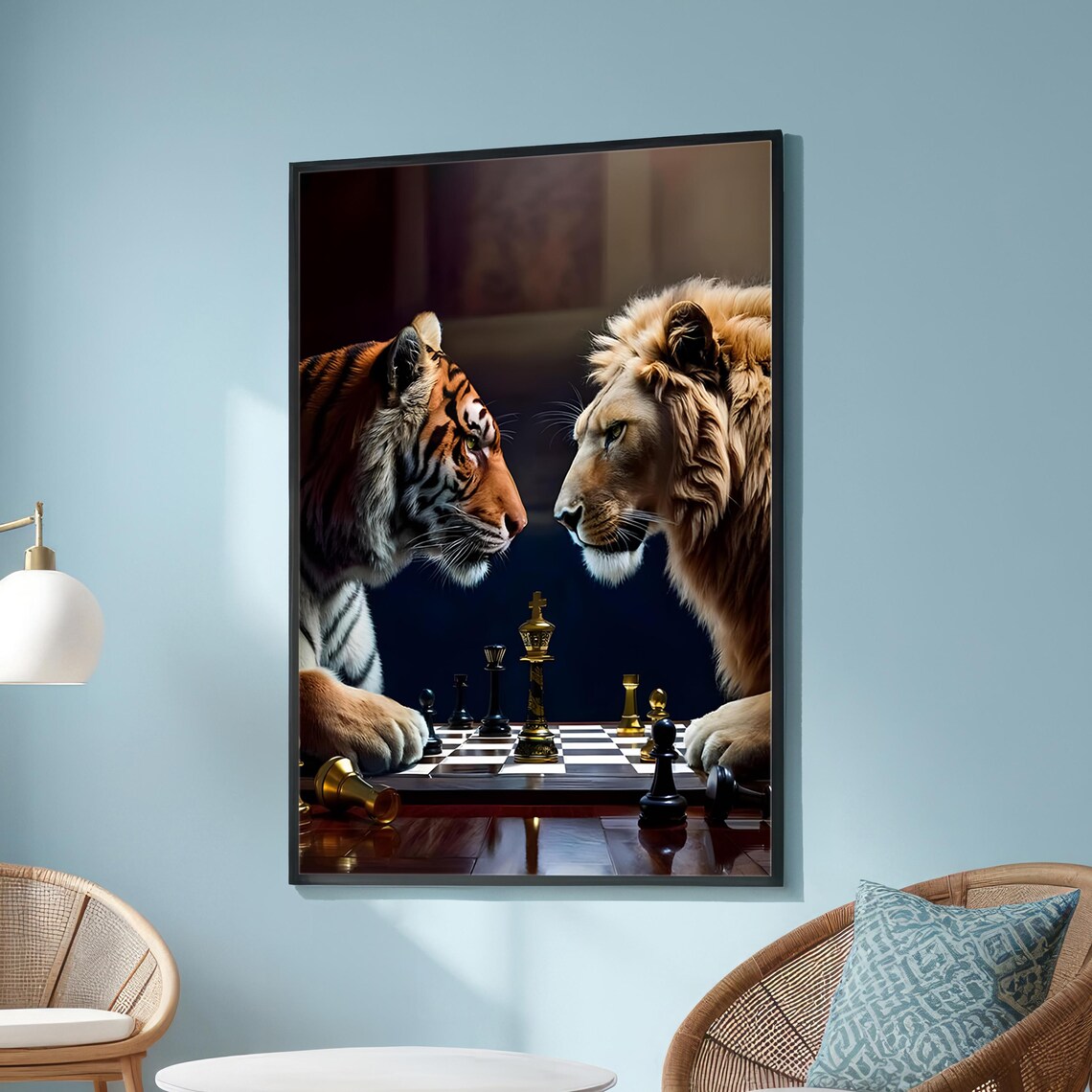 Tiger Vs Lion Chess Art Print, Dramatic Wildlife