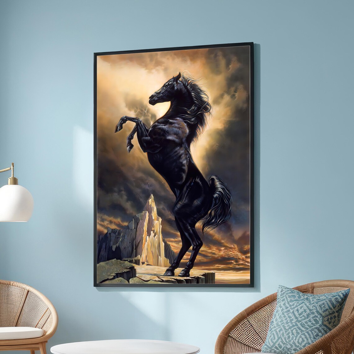 Majestic Black Stallion, Fantasy Landscape Art Print
