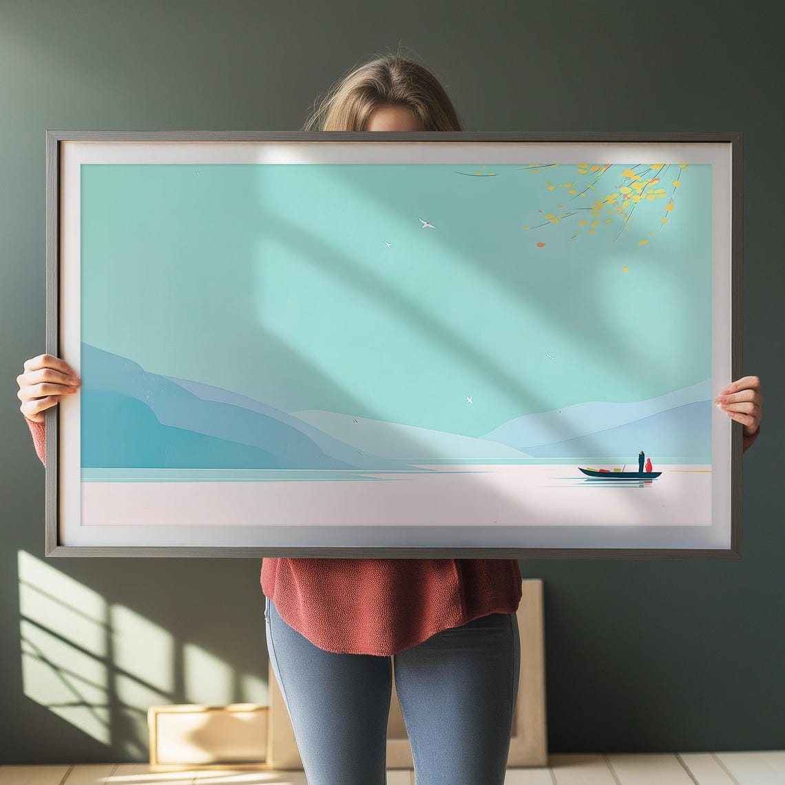 Minimalist Lake Landscape Poster Teal Mountains Boat Calm Waters Art