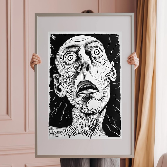Surreal Distorted Face Line Art Print Black Ink Expressionist Portrait Drawing