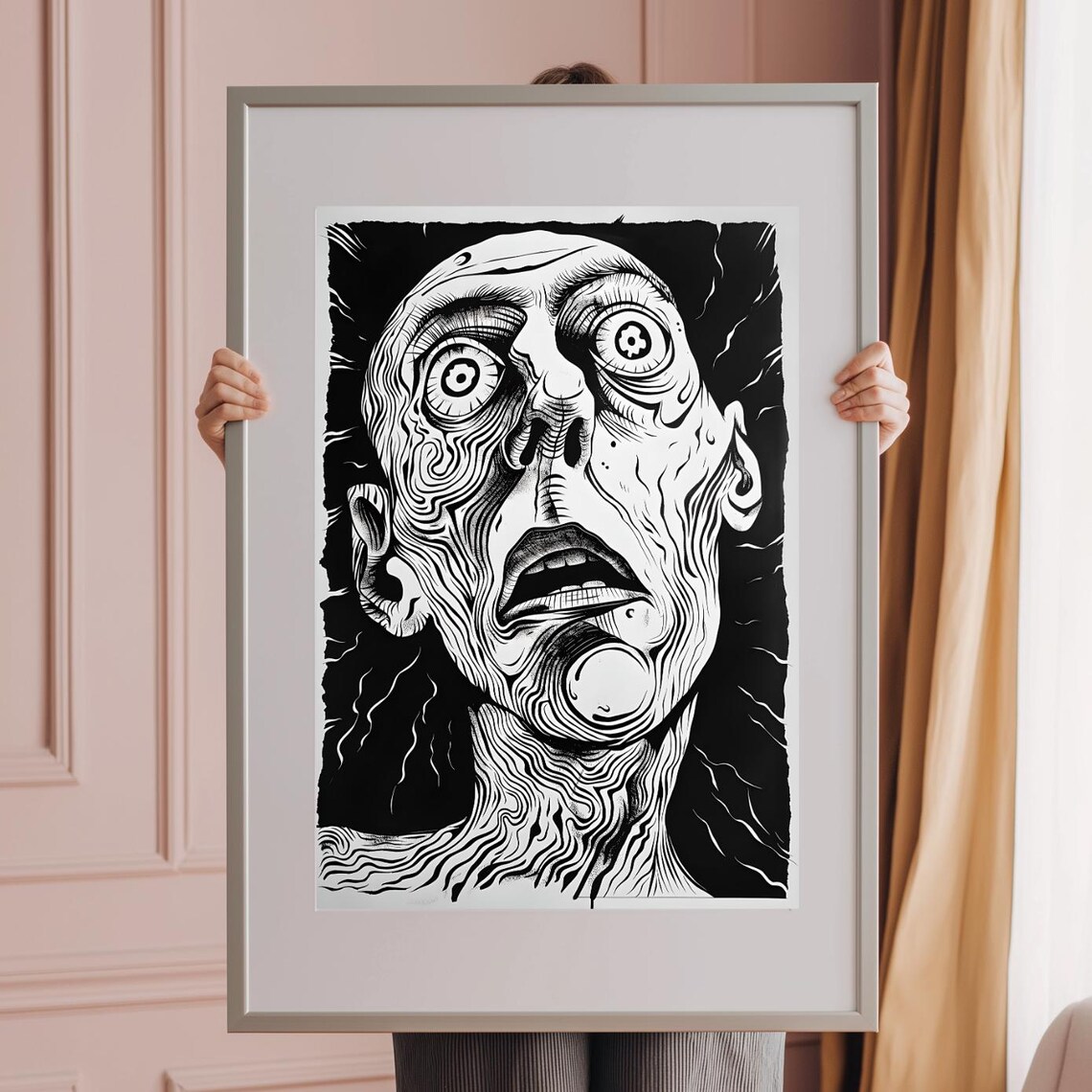 Surreal Distorted Face Line Art Print Black Ink Expressionist Portrait Drawing