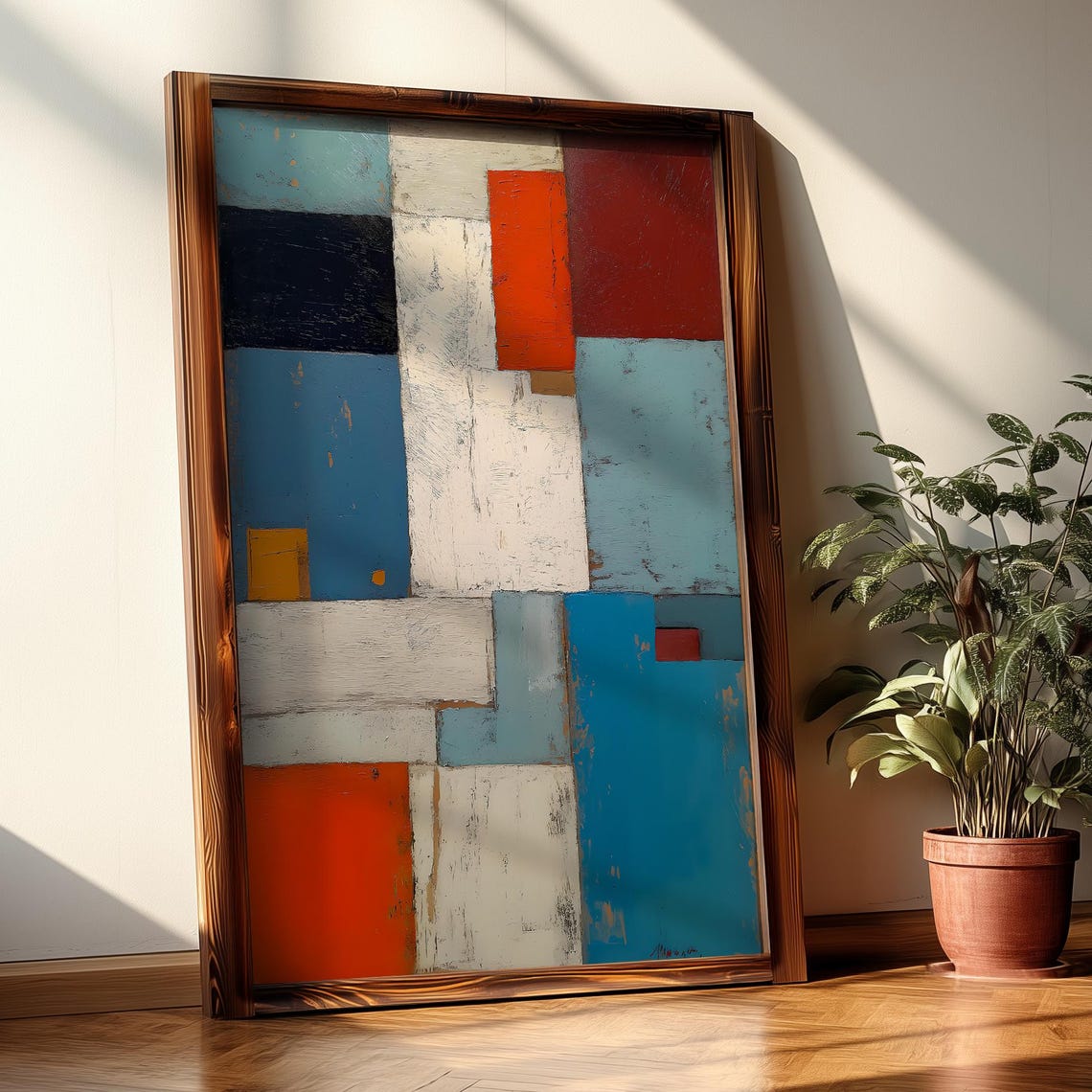 Geometric Abstract Blocks Retro Colors Blue Red Modern Art Print