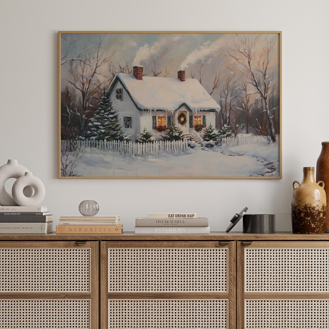 Snowy Cottage Dusk Wreath Glowing Windows Picket Fence Winter Poster