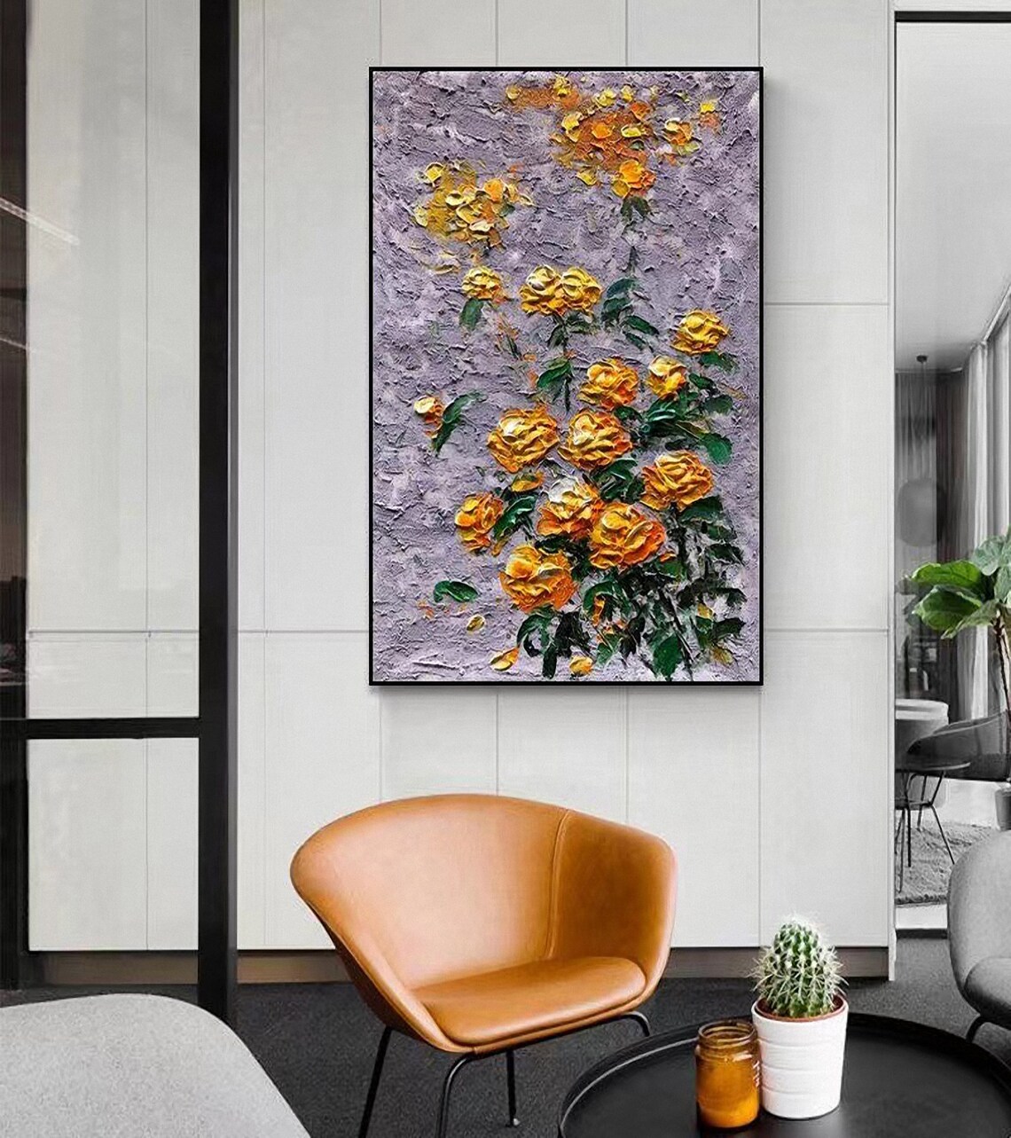 Yellow Roses On Lavender Gray Textured Impasto Oil Painting Poster - Image 4