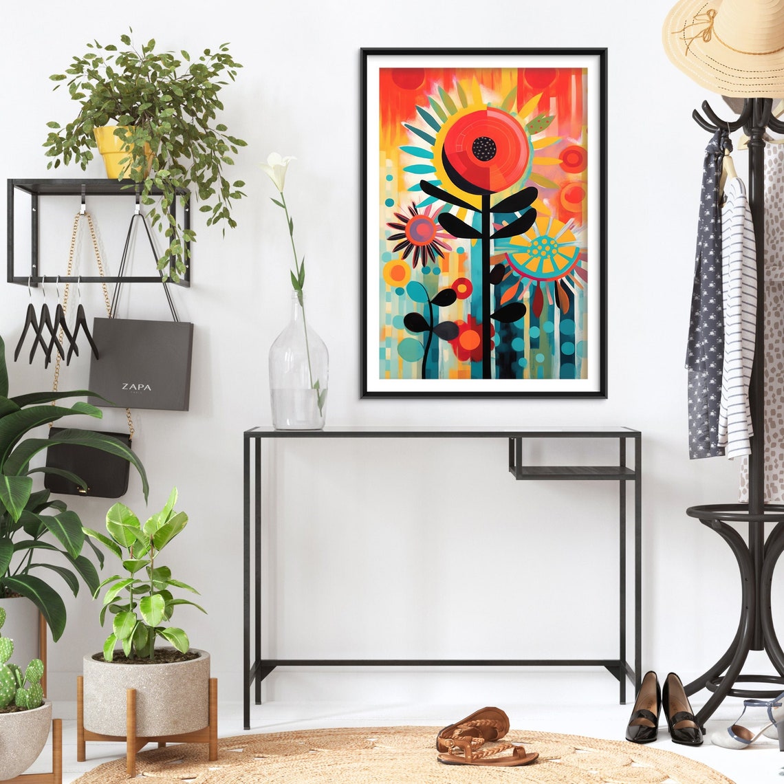 Vibrant Abstract Poppy Flowers Red Orange Teal Modern Art Poster - Image 2