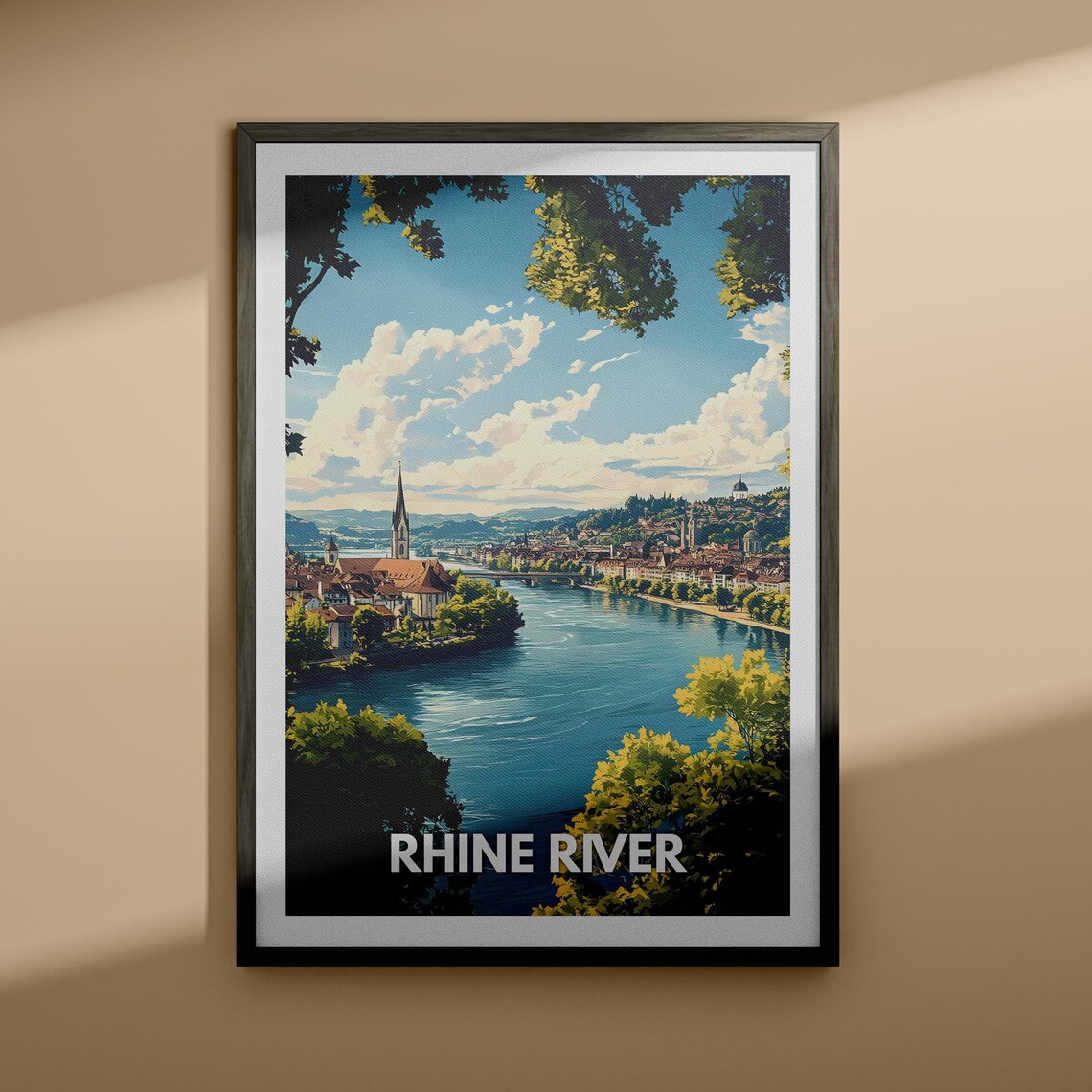 Rhine River Riverside Old Town Church Spire Retro Travel Poster