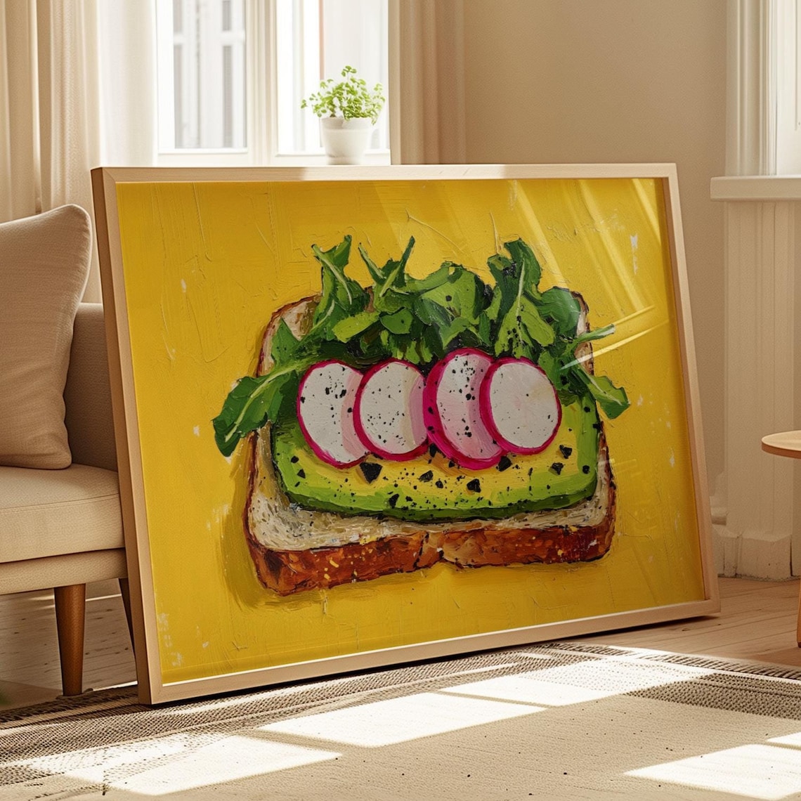 Avocado Toast With Radish Slices And Greens On Yellow Food Poster - Image 3
