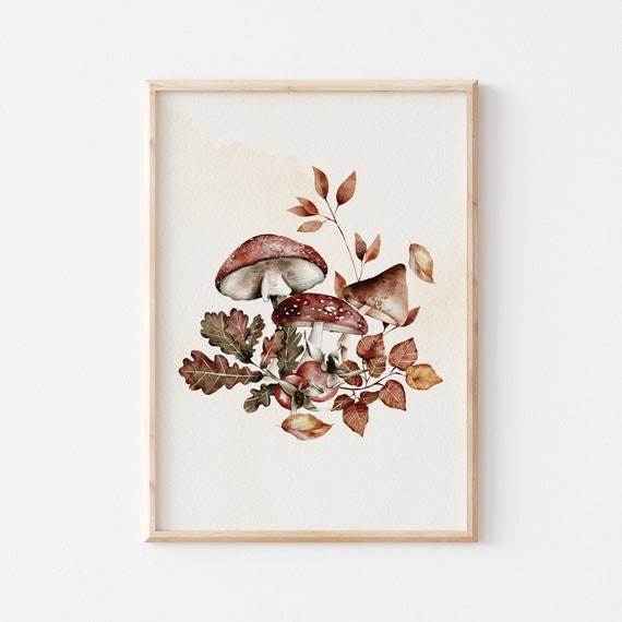 Watercolor Fall Mushroom Print Leaves Botanical Art Autumn Forest