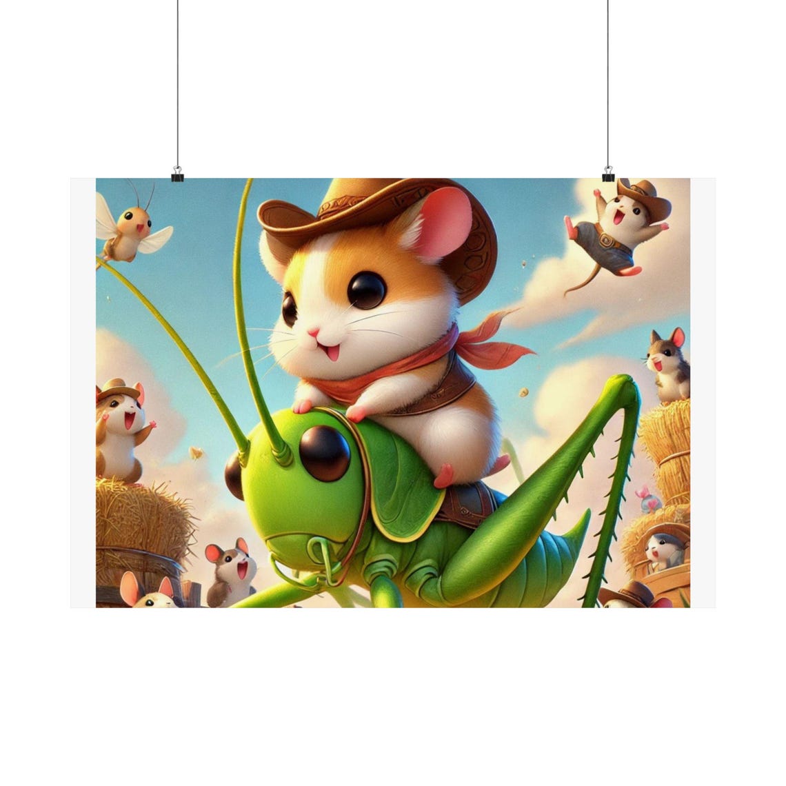 Hamster Cowboy on a Green Grasshopper Rodeo Fun Kids Wall Poster