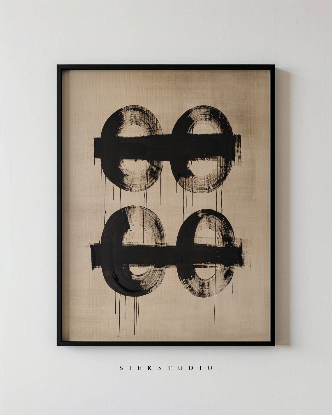 Black Ink Circles And Bars On Beige Abstract Brushstroke Art Poster