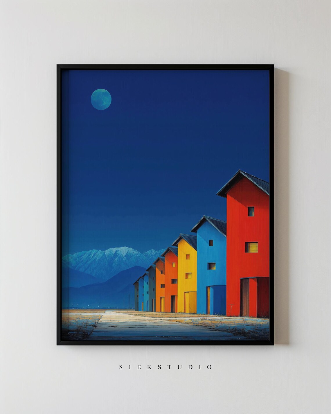 Colorful Houses Moonlit Night Mountains Modern Wall Art Home