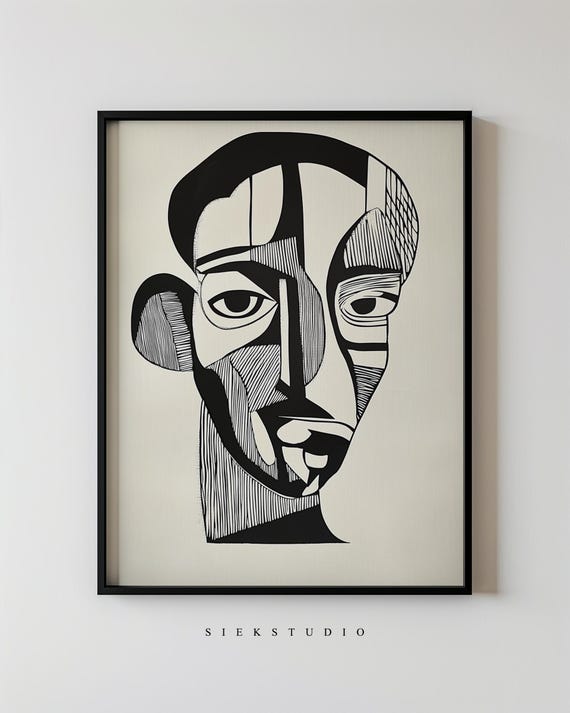 Black And White Abstract Cubist Face Portrait Wall Art Geometric Line Modern Artwork Large Decor For Home Or Office