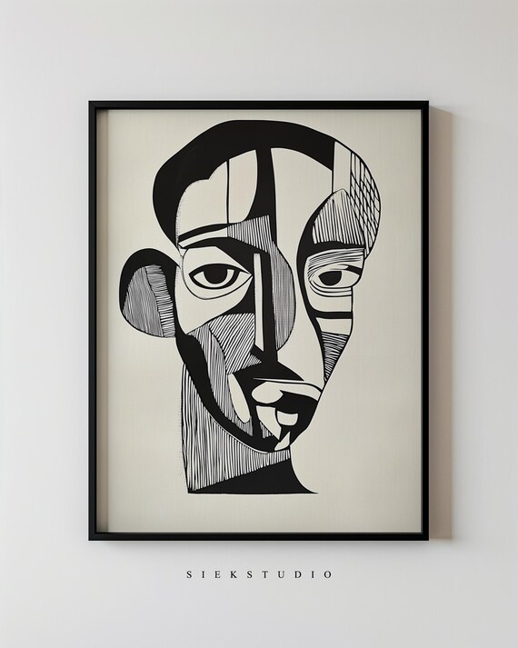 Geometric Cubist Portrait Abstract Black Line Art Face Poster