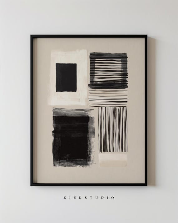 Modern Abstract Blocks Geometric Shapes Minimalist Black And White Beige Wall Art Contemporary Neutral Living Room 127