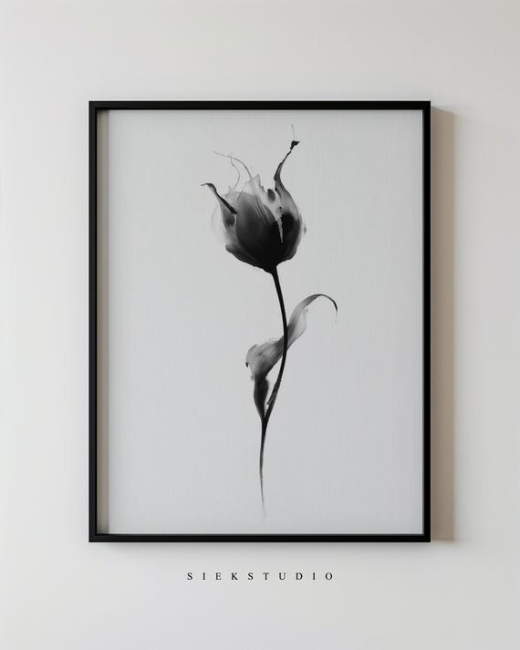 Abstract Minimalist Flower Drawing Modern Black And White Botanical Wall Art Contemporary Nature Home Decor 257