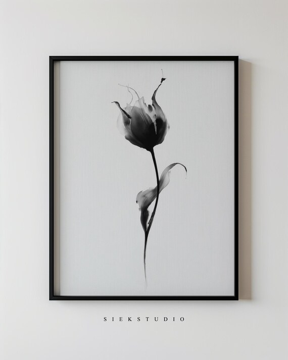 Elegant Minimalist Black Ink Flower Botanical Abstract Art Poster