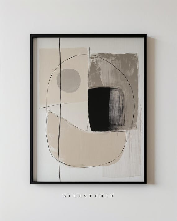 Minimalist Abstract Wall Art Geometric Black And Beige Japandi Home Decor Modern Line Shapes Neutral Living Room