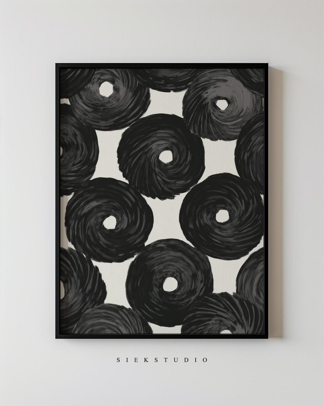 Black Brushstroke Rings Cream Abstract Swirl Circle Pattern Wall Art
